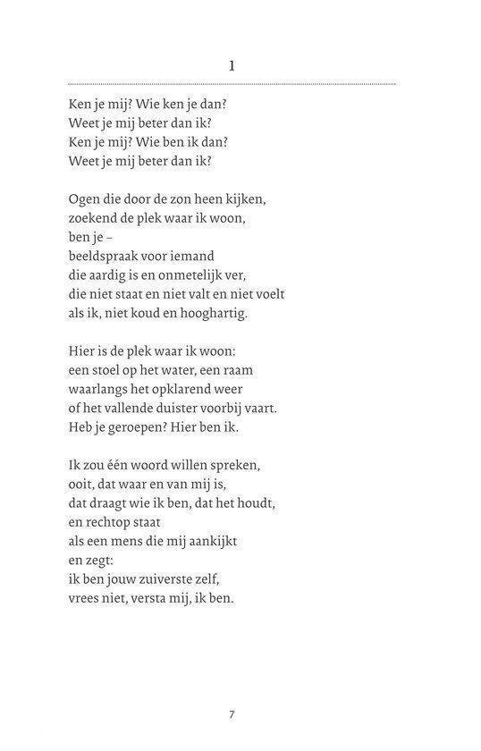 Een gedicht met tekst in het Nederlands, beginnend met 'Ken je mij? Wie ben ik dan?'