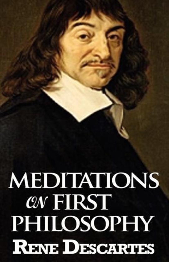 Boek "Meditations on First Philosophy" van Rene Descartes met een schilderij van Descartes.