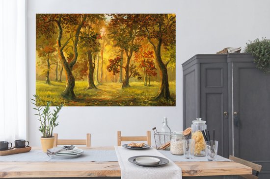 Une illustration d'une forêt au soleil d'automne poster 180x120 cm - Tirage photo sur Poster (décoration murale salon / chambre) / Poster Arbres XXL / Groot format!