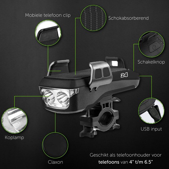 4-in-1 Fietslamp Voorlicht mét telefoonhouder - Powerbank Fiets Telefoonhouder - Fiets Smartphone Houder - USB oplaadbaar - 2400 mAh - 130 DB Loudspeaker - Bel - Koplamp - 6-12H gebruikstijd - Zwart — afbeelding 3