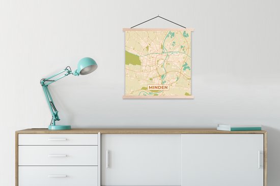 Porte-affiche avec affiche - Affiche scolaire - Minden - Carte - Carte - Plan de la ville - Vintage - 60x60 cm - Lattes vierges - Carte