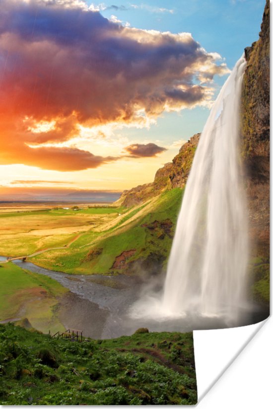 Poster Waterval - Rots - Zonsondergang - Bergen - Oranje - 20x30 cm