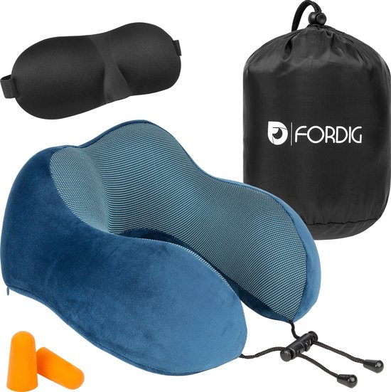 ForDig Premium Nekkussen Blauw Inclusief Slaapmasker & Oordopjes - Memory...