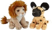 Ravensden - Safari dieren knuffels - 2x stuks - Wilde Hond en Leeuw - 15 cm