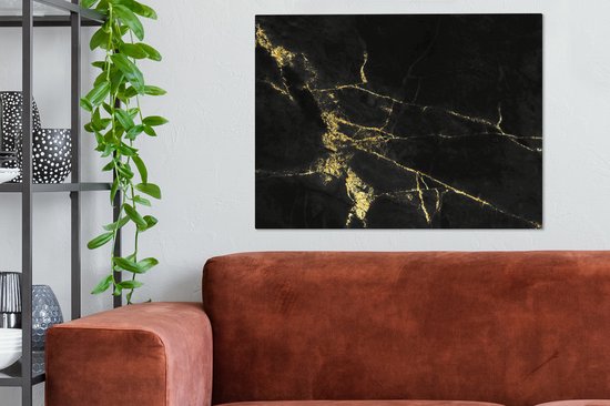 Toile Peinture Marbre - Zwart - Or - Luxe - 80x60 cm - Décoration murale