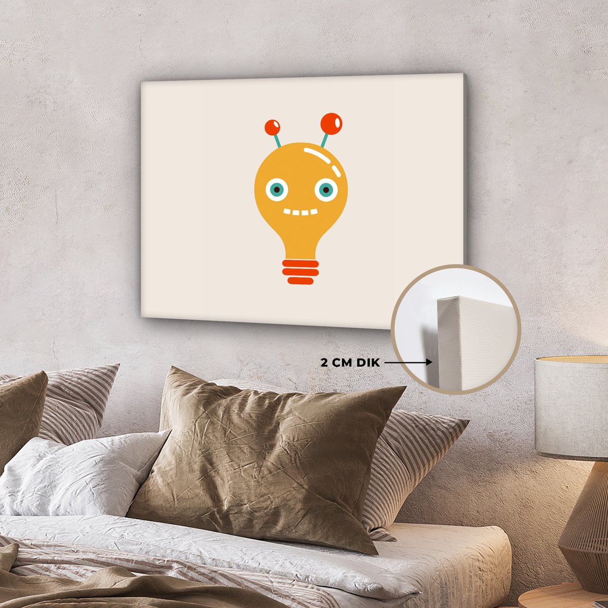 Canvas schilderij 80x60 cm - Wanddecoratie Robot - Gloeilamp - Gezicht - Antenne - Kindere