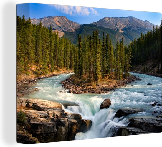 Rivier in het Nationaal park Jasper in Noord-Amerika Canvas 160x120 cm - Foto print op Canvas schilderij (Wanddecoratie woonkamer / slaapkamer) XXL / Groot formaat!