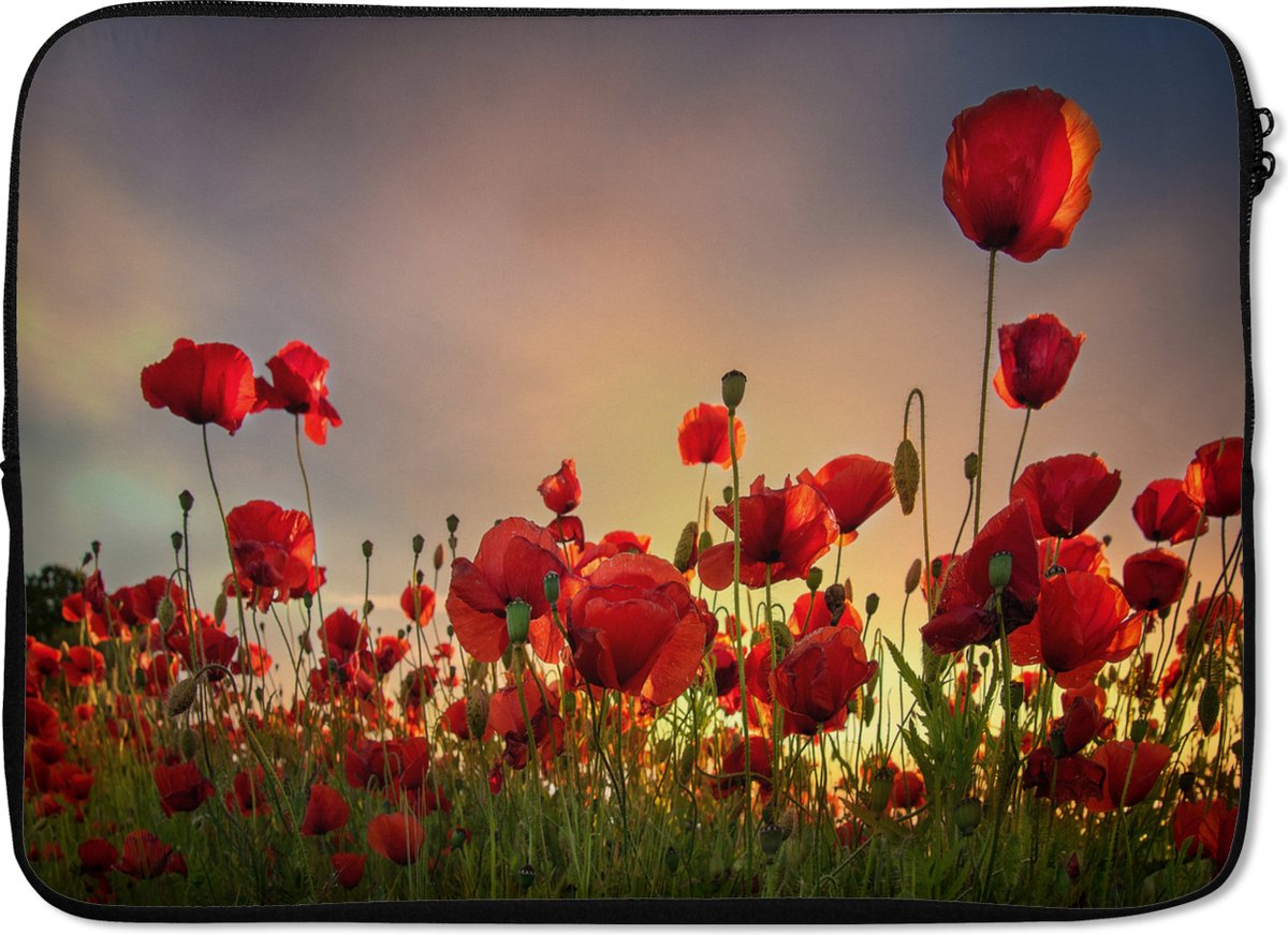 Laptophoes 13 inch - Kleurrijke lucht boven een veld Klaprozen in Denemarken - Laptop sleeve - Binnenmaat 32x22,5 cm - Zwarte achterkant