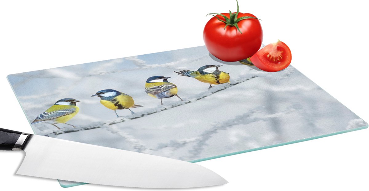 Glazen Snijplank - 28x20 - Vogel - Koolmees - Winter - Sneeuw - Takken - Snijplanken Glas