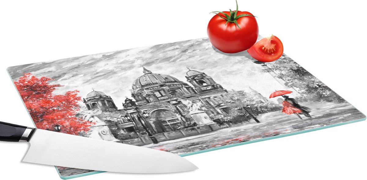 Glazen Snijplank - 39x28 - Schilderij - Architectuur - Boom - Rood - Snijplanken Glas