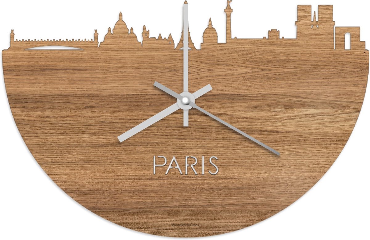 Skyline Klok Parijs Eikenhout - Ø 40 cm - Stil uurwerk - Wanddecoratie - Meer steden beschikbaar - Woonkamer idee - Woondecoratie - City Art - Steden kunst - Cadeau voor hem - Cadeau voor haar - Jubileum - Trouwerij - Housewarming - WoodWideCities