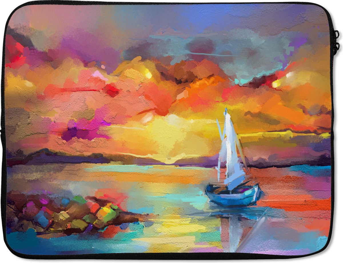 Laptophoes 15.6 inch - Schilderij - Olieverf - Boot - Kleuren - Laptop sleeve - Binnenmaat 37x26 cm - Zwarte achterkant