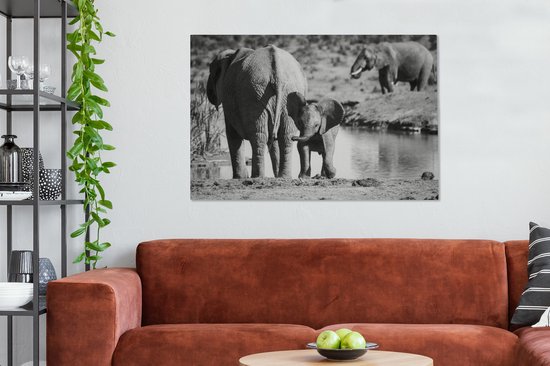 Peintures sur toile - Veau d'éléphant au bord de l'eau (noir/blanc) - 120x80 cm - Décoration murale