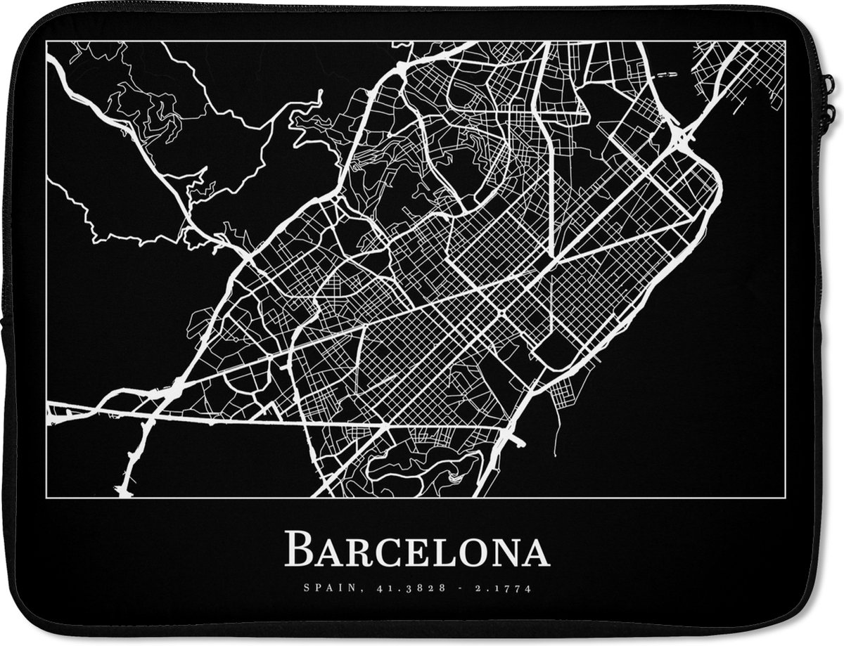 Laptophoes 17 inch - Stadskaart - Barcelona - Plattegrond - Kaart - Laptop sleeve - Binnenmaat 41x28 cm - Zwarte achterkant - Stadskaart