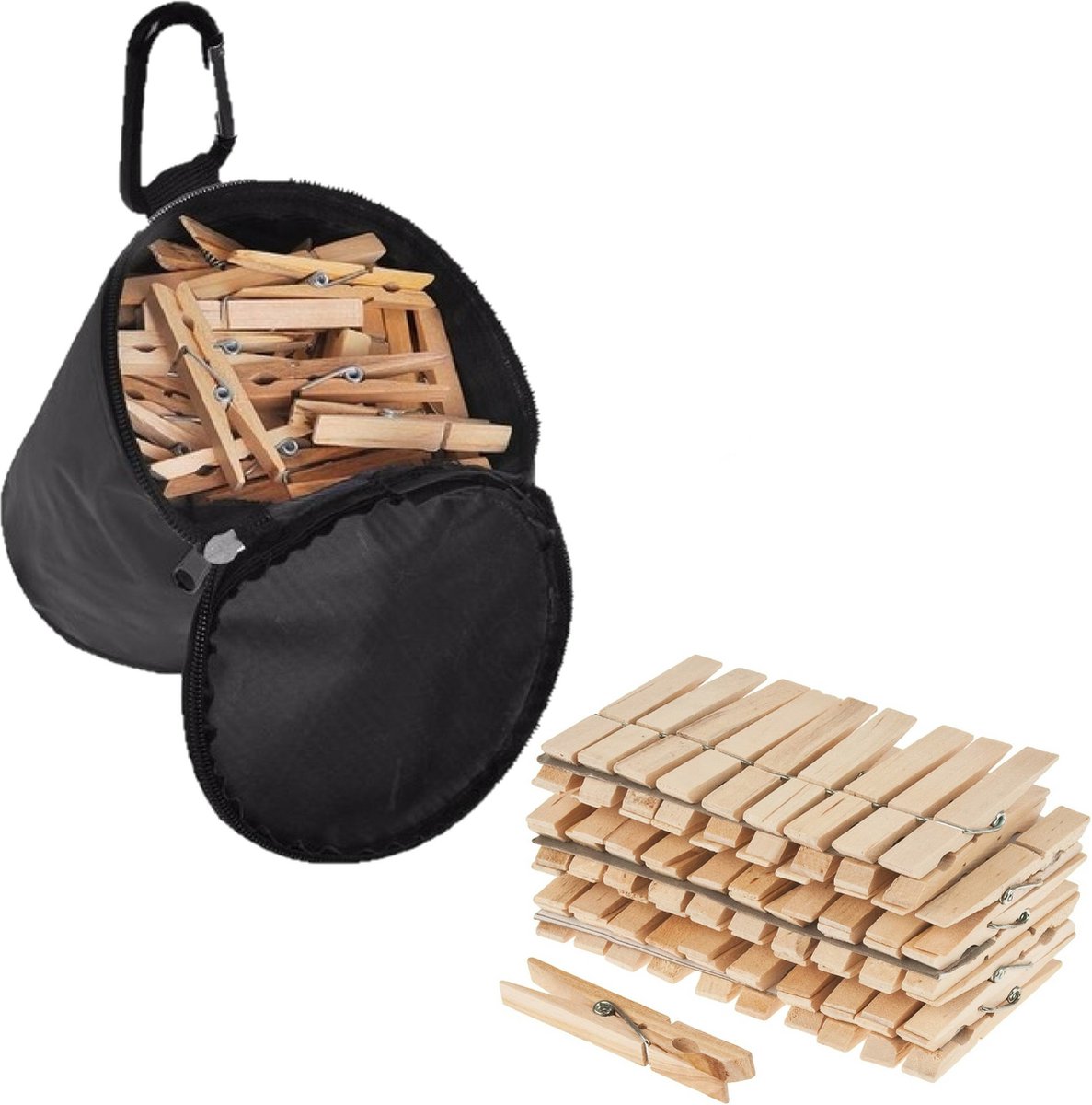 Goedkoopste Sorx - Wasknijpers zak met karabijn ophanghaak - 108x wasknijpers hout