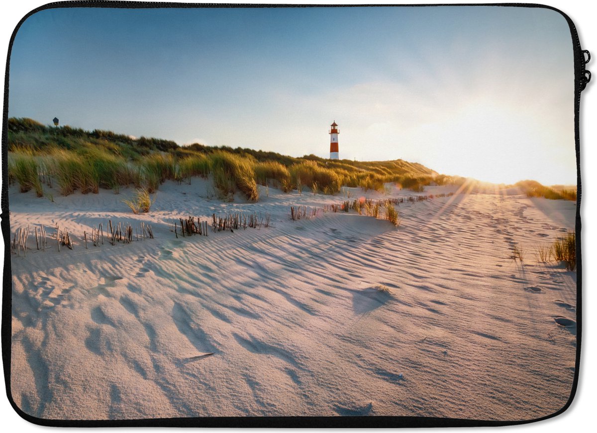 Laptophoes 14 inch - Strand - Vuurtoren - Zonsondergang - Laptop sleeve - Binnenmaat 33x23 cm - Zwarte achterkant