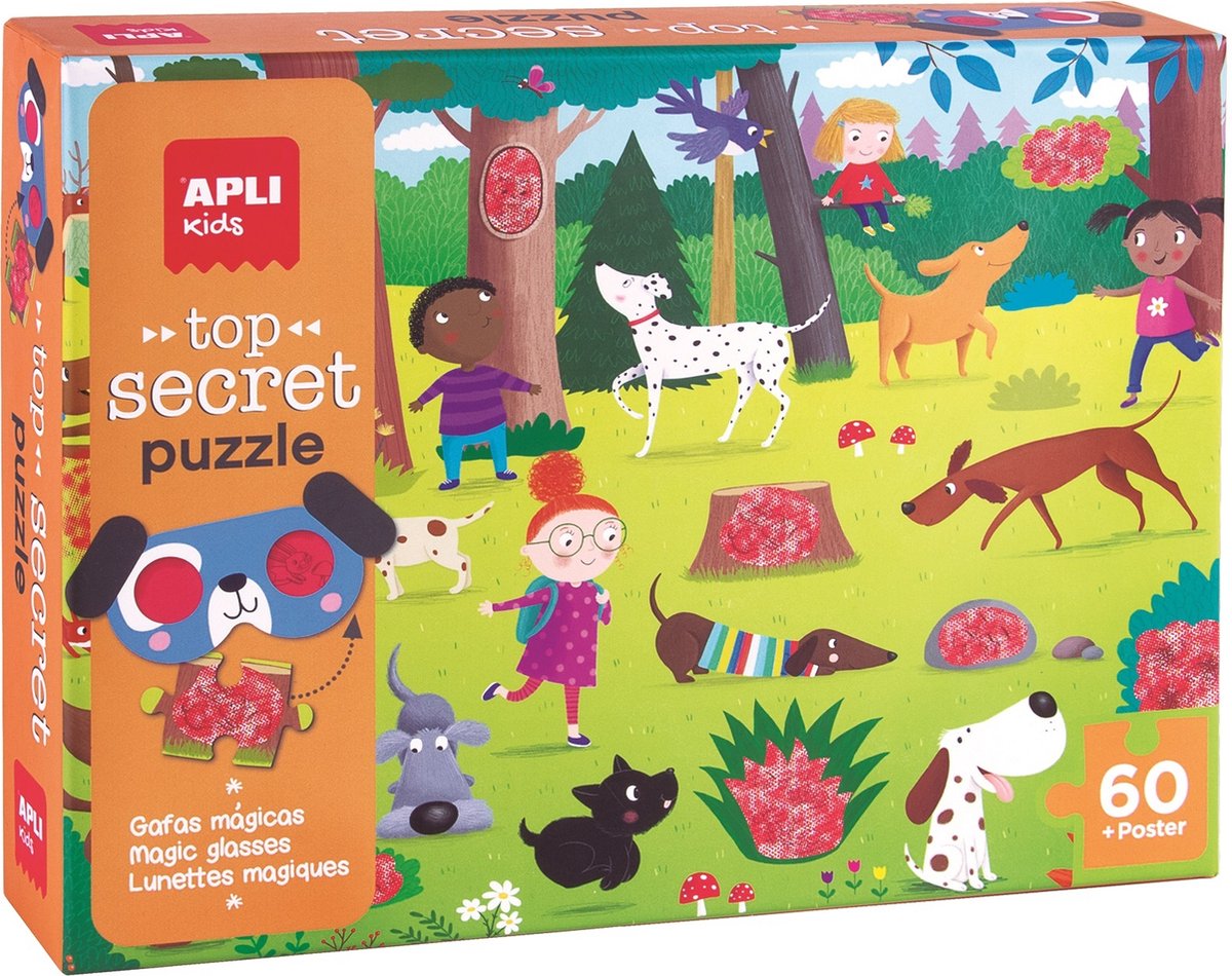 APLI Kids APLI - Puzzel Top Secret Honden (60 stuks) - Zoekpuzzel met magisch brilletje - Vanaf 4 jaar