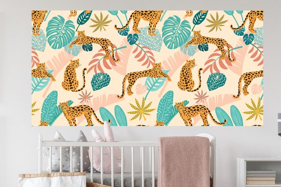 Muurstickers - Sticker Folie - Bladeren - Luipaard - Waterverf - Meisjes - Kinderen - Roze - Kids - 160x80 cm - Plakfolie - Muurstickers Kinderkamer - Zelfklevend Behang - Zelfklevend behangpapier - Stickerfolie