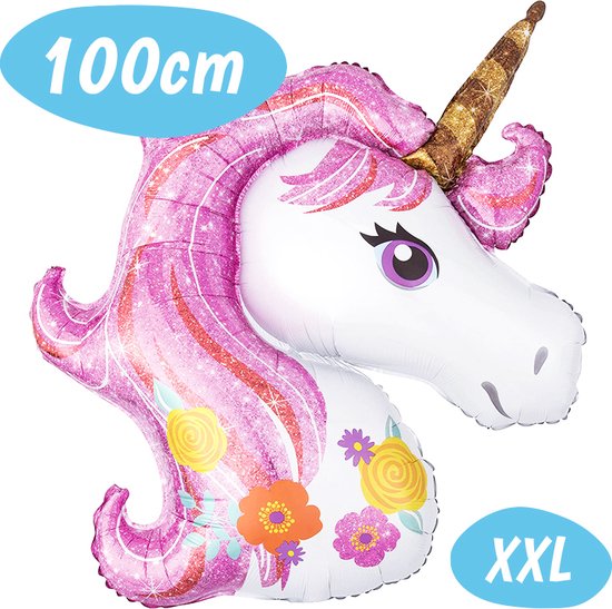 Unicorn Folie Ballon XXL - Eenhoorn Versiering - Helium Folieballon Kinderen - Happy Birthday Decoratie - Verjaardag Feest Ballonnen - Kinderfeestje - Paarden Spullen Cadeau - Pony Meisje - Paardenspullen - Kind –  Opblaasrietje - Roze - 100 cm