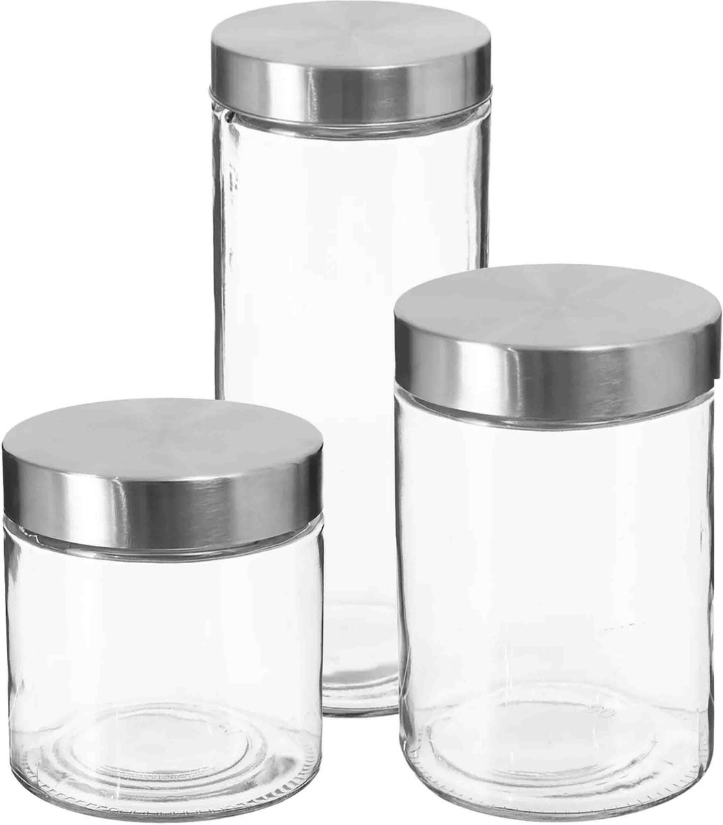 Secret de Gourmet - Set van 6x keuken voorraadbussen/potten glas RVS deksel - 3 formaten