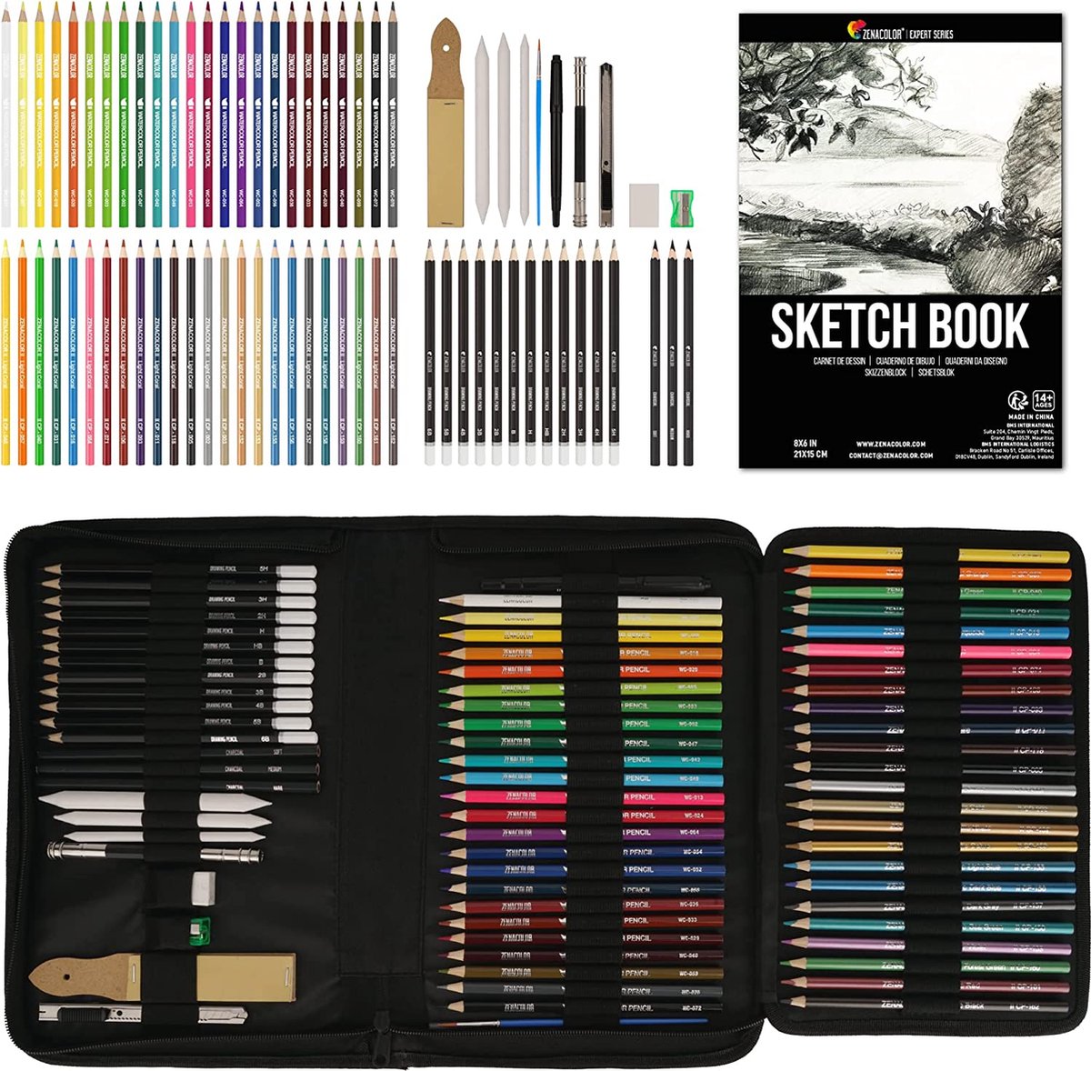 Complete Tekenset 74 stuks - Beginner of Professioneel, Set van 24 aquarel potloden 12 kleurpotloden 12 metaal potloden 12 papier potloden en accessoires - 1 Tekenboek inbegrepen