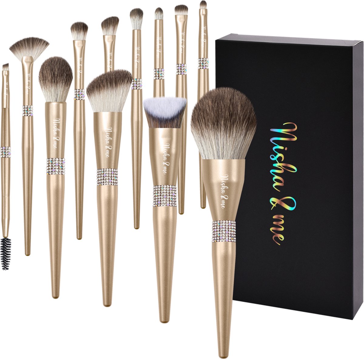 Nisha & Me® Kwasten Set – 100% Vegan – Make Up Borstels – Brush Set Champagne kleur – Cadeau voor Vrouw – Elegant Desain - set van 12 Brushes