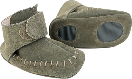 Lodger Babyslofjes Leer - Walker Moccasin Olivine 6-12M - Antislip - Soepel leer - Klittenbandsluiting