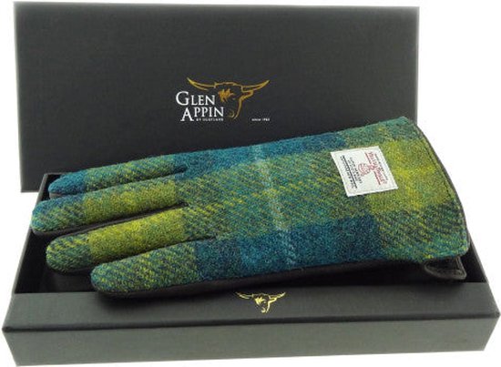 Glen Appin Gants Femme Blue Marine Tartan Tweed Vert et Cuir Marron - Véritable Harris Tweed - Fabriqué en Ecosse