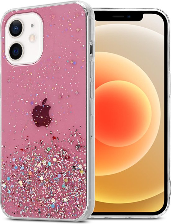 Cadorabo Hoesje geschikt voor Apple iPhone 12 MINI in Roze met Glitter - Beschermhoes van flexibel TPU silicone met fonkelende glitters Case Cover Etui