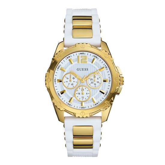 GUESS Orologio Da Donna 36.5mm – Cassa Oro Con Cristalli, Quadrante Logo Bianco, Bracciale Acciaio
