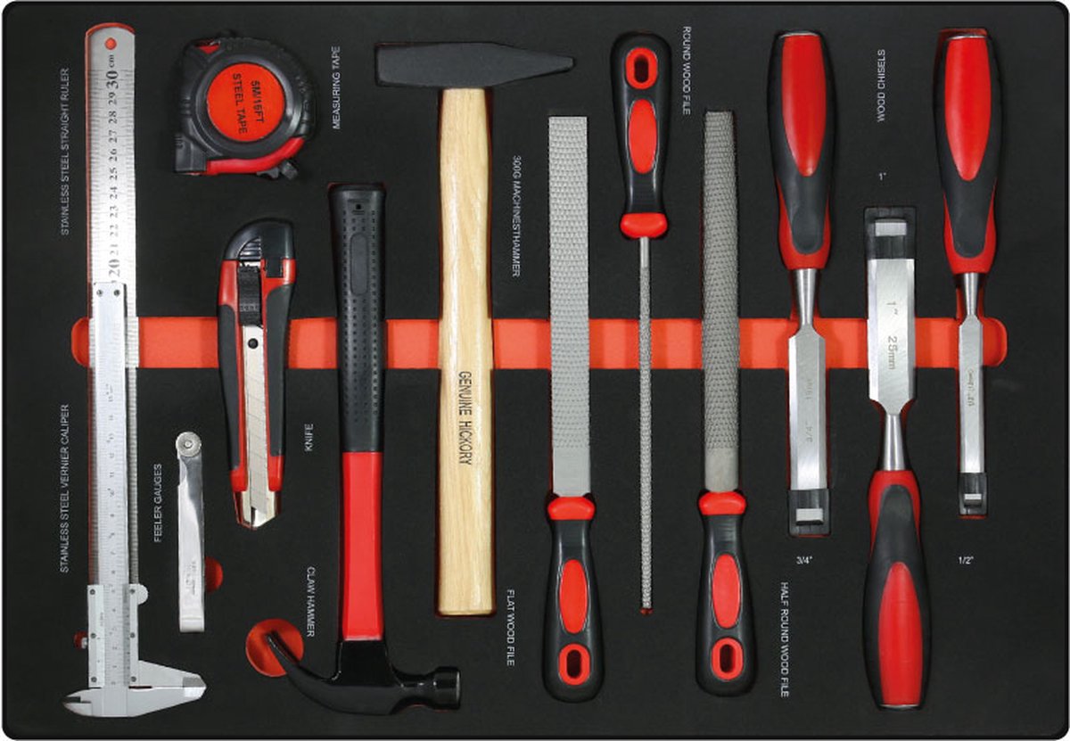 Kraftmeister gereedschapset voor gereedschapswagen, gereedschapstrolley, gereedschapskoffer of gereedschapskar - Houtbeitel, vijl, hamer en meetset 13-delig