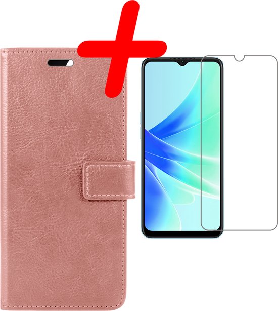 Hoes Geschikt voor OPPO A17 Hoesje Bookcase Hoes Flip Case Book Cover Met Screenprotector - Hoesje Geschikt voor OPPO A17 Hoes Book Case Hoesje - Rosé goud