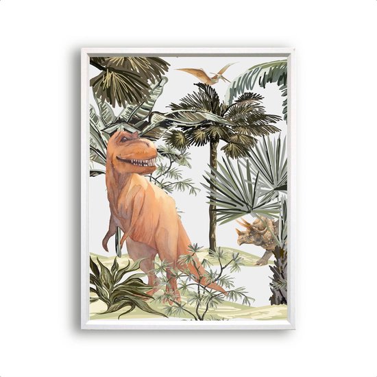 Postercity - Poster Dinosaurus t-rex en triceratops in jungle aquarel / waterkleur midden - Dino Jungle Poster - Kinderkamer / Babykamer - 40x30cm