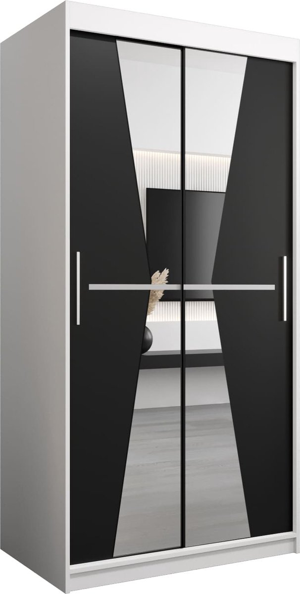 InspireME Kledingkast met 2 schuifdeuren, Modern-stijl, Een kledingkast met planken en een spiegel (BxHxD): 100x200x62 - TOTO 100 Wit Mat + Zwart met 2 lades