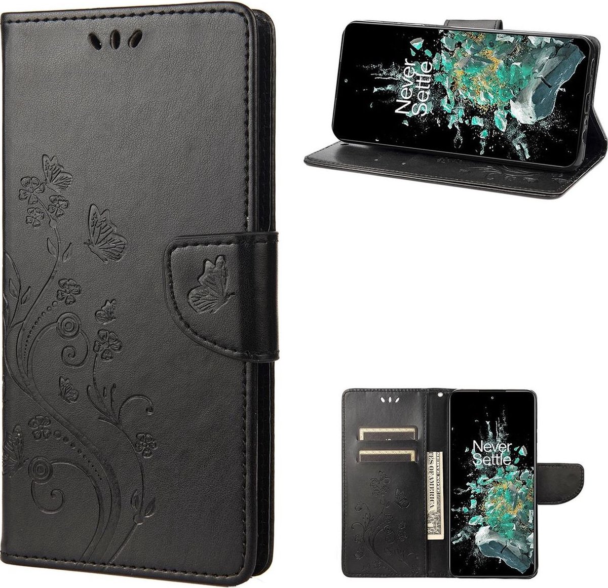 Mobigear Telefoonhoesje geschikt voor OnePlus 10T Hoesje | Mobigear Butterfly Bookcase Portemonnee | Pasjeshouder voor 3 Pasjes | Telefoonhoesje voor Pinpas / OV Kaart / Rijbewijs - Zwart