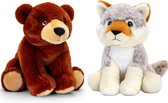 Keel Toys - Pluche knuffels combi-set dieren wolf en bruine beer 25 cm