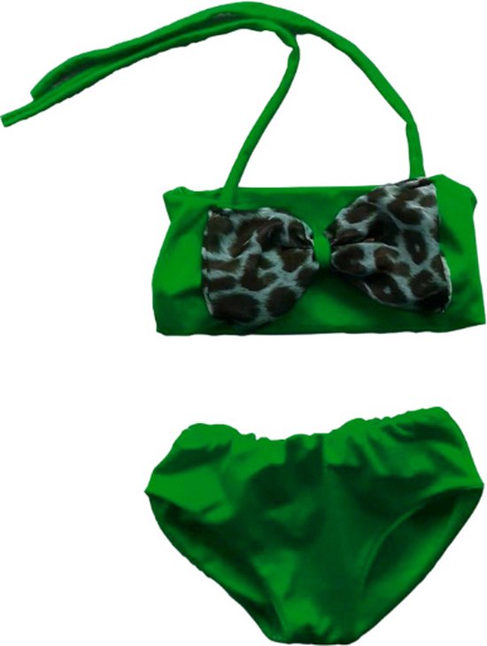 Maat 140 Bikini zwemkleding Groen met panterprint strik badkleding baby en kind fel groen zwem kleding
