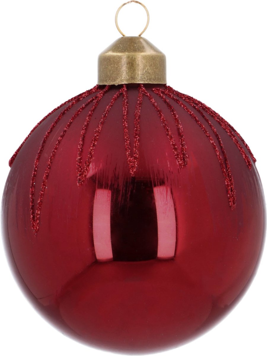 Oneiro's luxe Glazen kerstbal | Bordeauxrood met glitter | 8 cm - kerstbal - luxe verpakking – kerstcollectie – kerstdecoratie – kerstboomhanger – kerstversiering