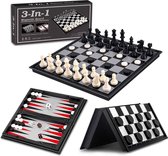 Allerion 3-in-1 Schaakbord Set – Schaken, Dammen, Backgammon – Schaakbord – Reis Spel – 25cm x 25cm