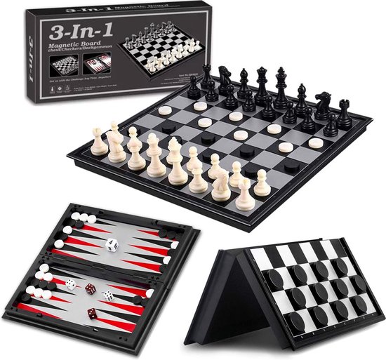 Afbeelding van het spel Allerion 3-in-1 Schaakbord Set – Schaken, Dammen, Backgammon – Magnetisch Schaakbord – Reis Spel – 25cm x 25cm