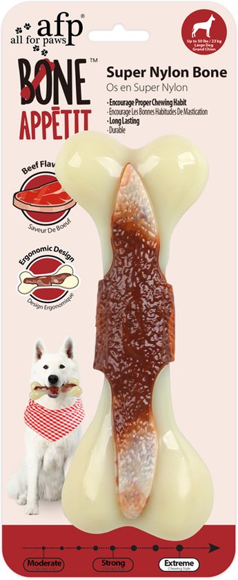 AFP Bone Appetit Kauwbot – Hoogwaardig Nylon & Rubber kauwspeelgoed – Kauwstaaf met vlees smaak en geur – Kauwbot voor honden – Large – 21 cm
