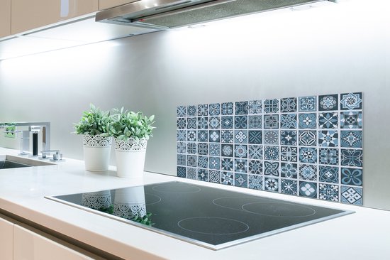 Spatscherm keuken 80x40 cm - Kookplaat achterwand Bloemen - Blauw - Patronen - Figuren - Muurbeschermer - Spatwand fornuis - Hoogwaardig aluminium