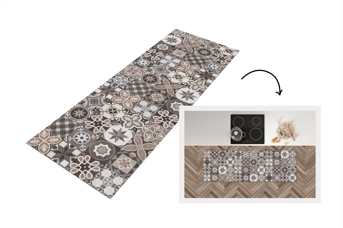 KitchenYeah Keukenloper - Loper keuken - Bloemen - Figuren - Bruin - Design - 150x50 cm - Keukenloper vinyl Multicolor