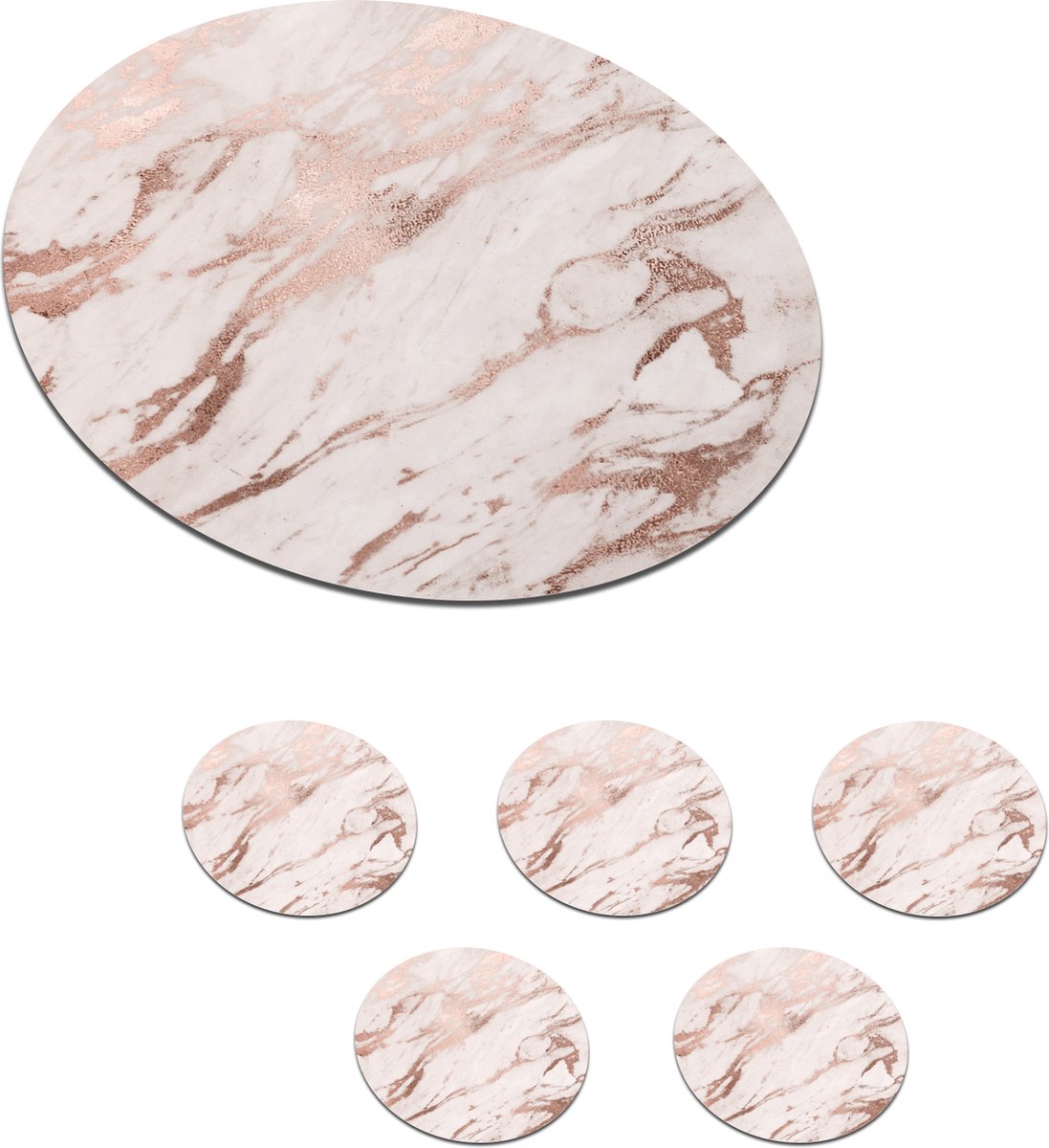 Onderzetters voor glazen - Rond - Marmer - Wit - Roze - 10x10 cm - Glasonderzetters - 6 stuks