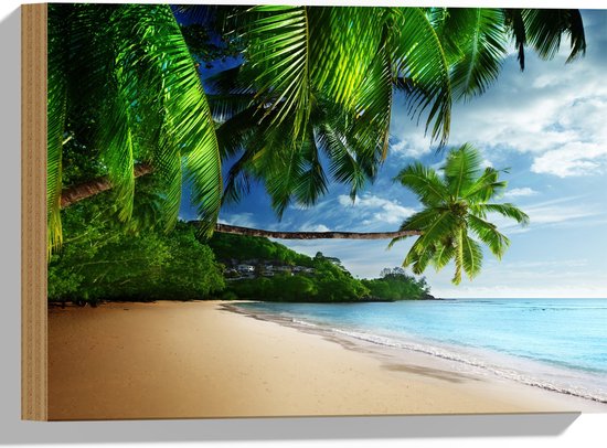 WallClassics - Hout - Palmbomen aan het Strand - 40x30 cm - 12 mm dik - Foto op Hout (Met Ophangsysteem)