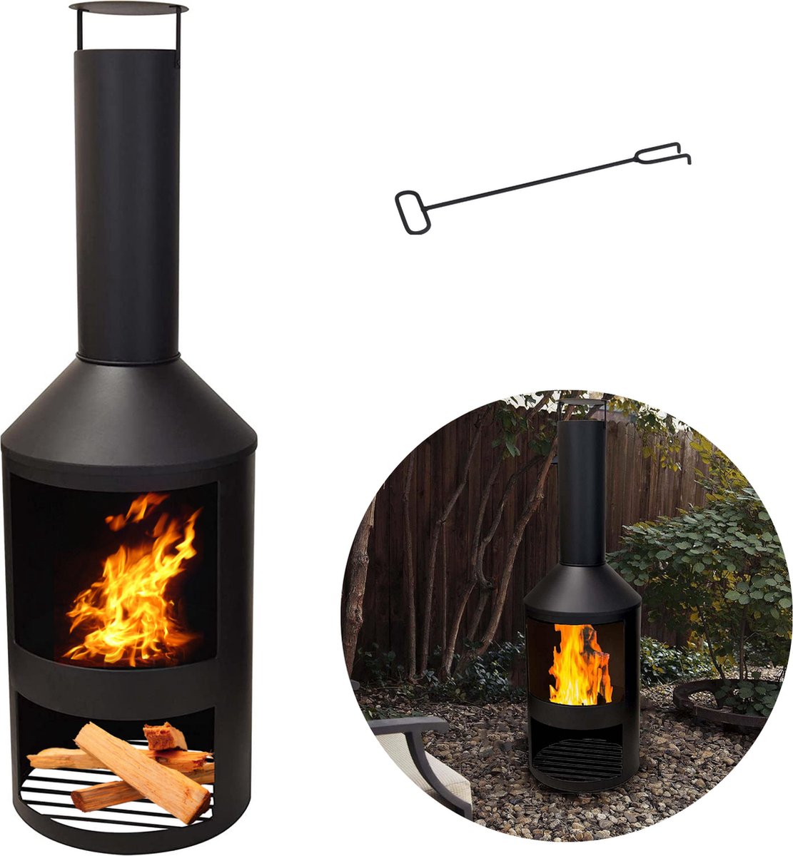 Cheqo® Terrashaard - Houtkachel - Tuinhaard - Terrasverwarming - Vuurkorf - Zwart - Inclusief Pook - 135cm Hoog - 44cm Diameter