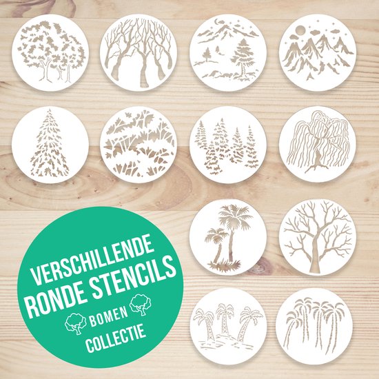 Verschillende stencils voor creatievelingen - Bomen | 12 stuks | ⌀ 15cm | PET plastic | Herbuikbaar | Eenvoudig schoon te maken