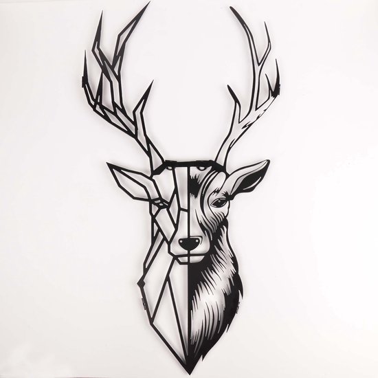Deer Metal Wall Art - Wanddecoratie - Geometric Deer Head decor - Muurdecoratie Woonkamer Zwart - 32x61 cm