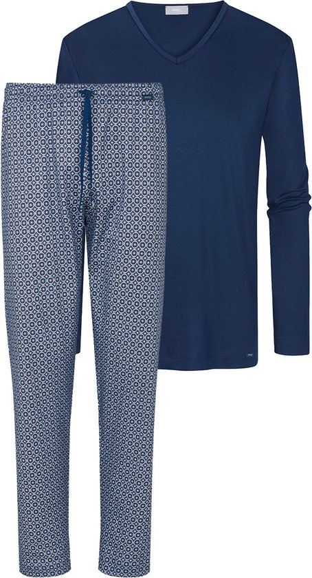 Heren Pyjama Lang - 100% Katoen Met V-Hals En Borstzak - Donkerblauw