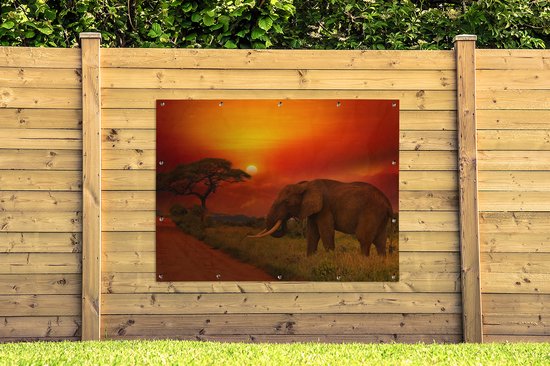 Poster de jardin Éléphant - Coucher de soleil - Oranje - Savane - Animaux - 170x120 cm - Décoration murale Extérieur - Poster de jardin - Toile de jardin - Poster de clôture - Tableau de jardin